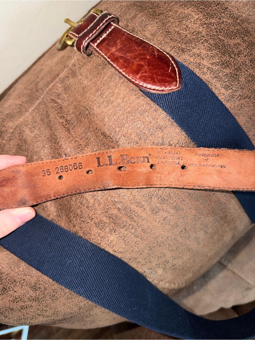 L.L. Bean Navy Web Belt with Brown Leather Trim Brass Buckle Made in USA Size 36